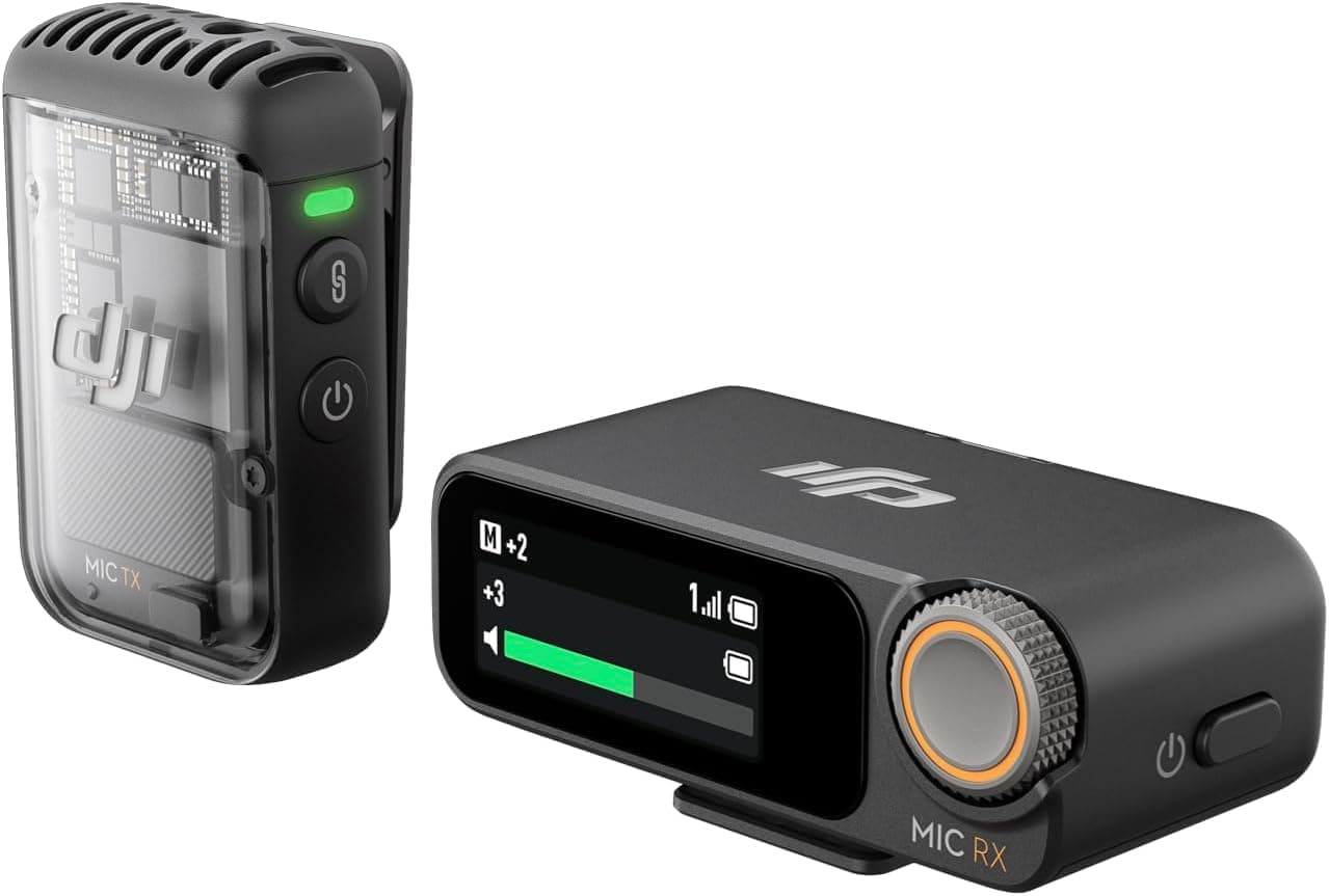 Microfono wireless DJI Mic 2 nero: trasmettitore con clip magnetica e ricevitore con display